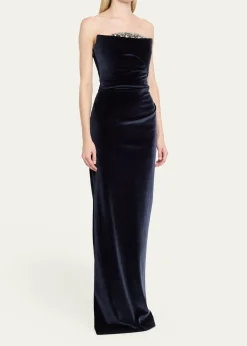Pamella RolandStrapless Crystal Embellished Velvet Column Gown