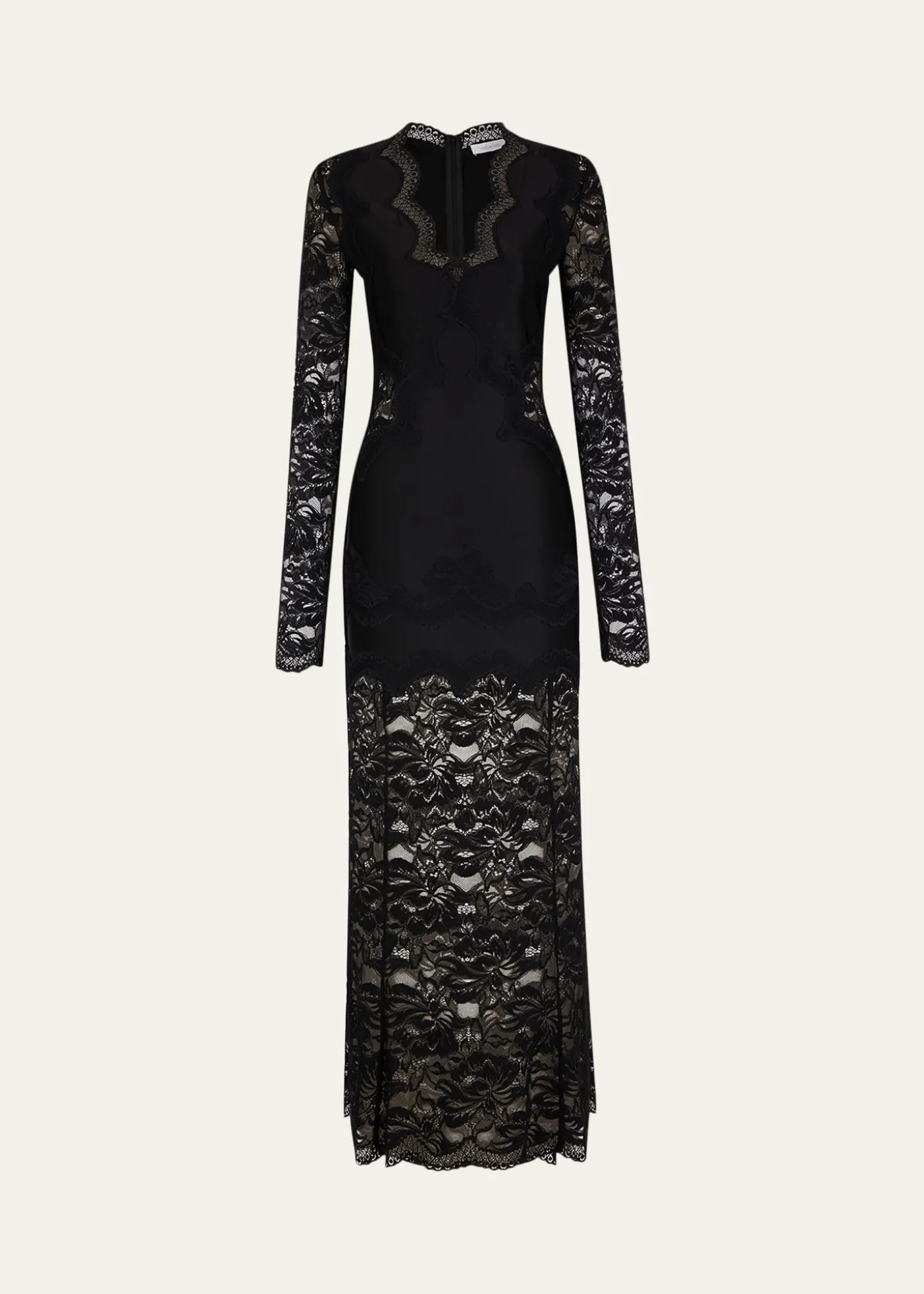 RabanneLong-Sleeve Stretch Lace Jersey Maxi Dress