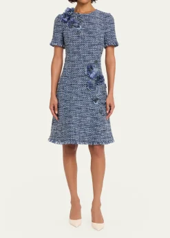Rickie Freeman for Teri JonFloral Tweed Short-Sleeve Dress