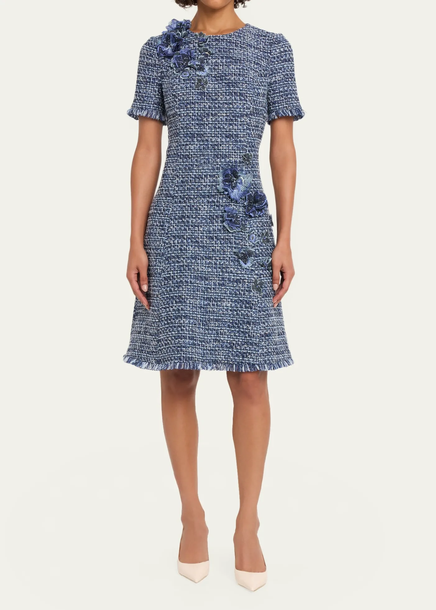 Rickie Freeman for Teri JonFloral Tweed Short-Sleeve Dress