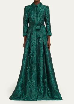 Rickie Freeman for Teri JonMetallic Jacquard Floral Shirt Gown