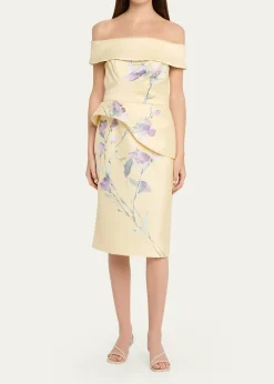 Rickie Freeman for Teri JonOff-Shoulder Peplum Mikado Midi Dress