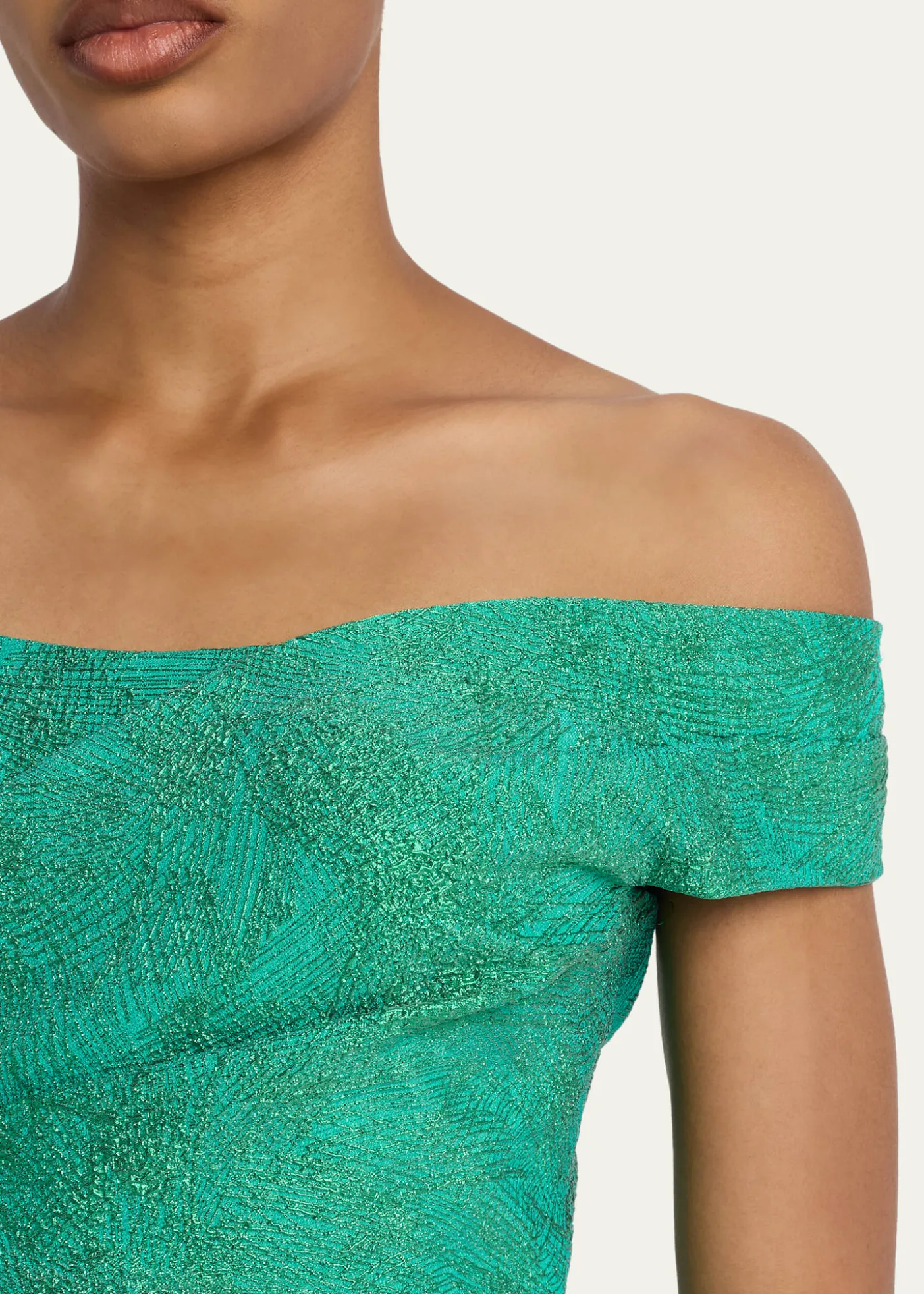 Rickie Freeman for Teri JonOff-Shoulder Metallic Jacquard Column Gown