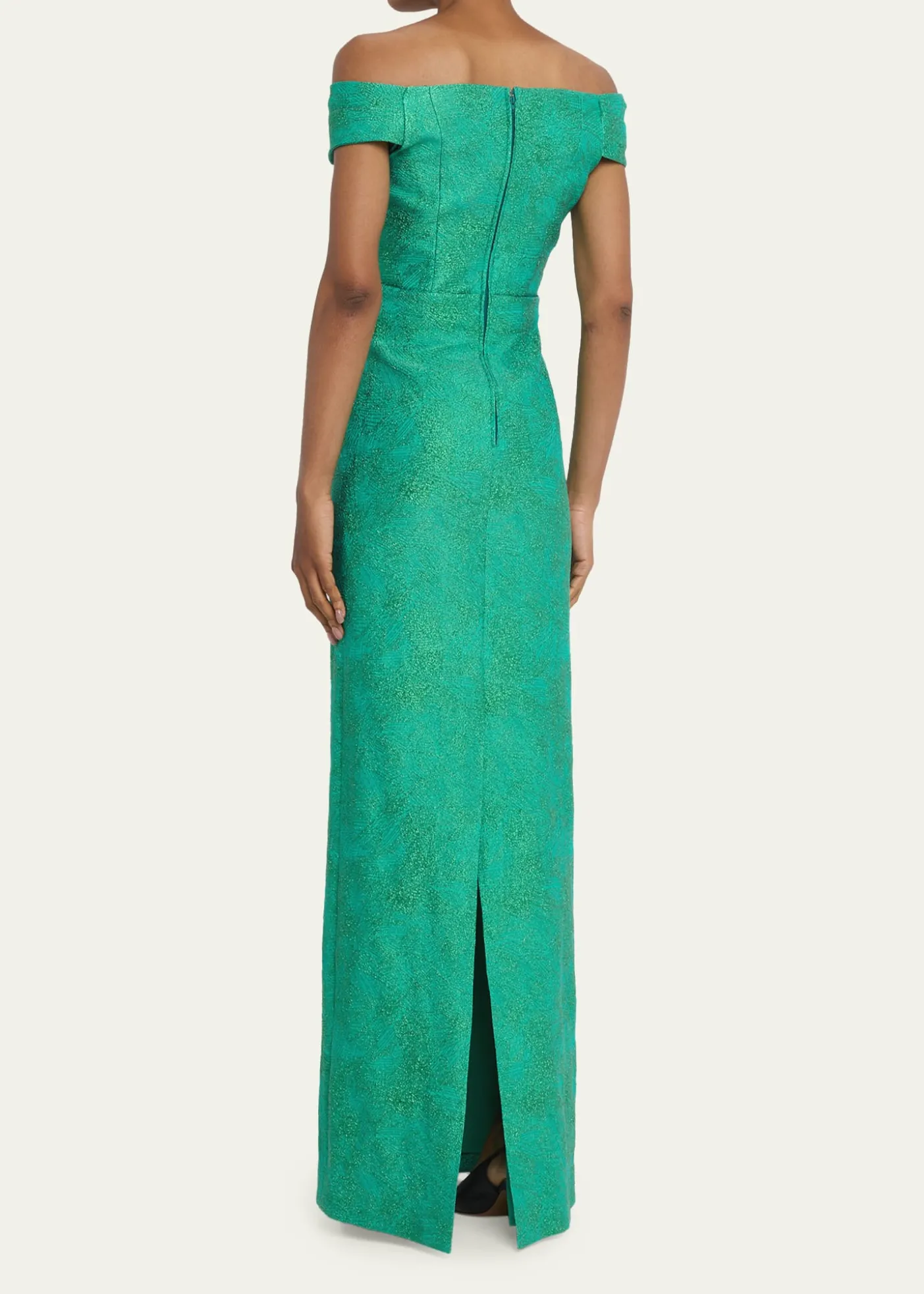 Rickie Freeman for Teri JonOff-Shoulder Metallic Jacquard Column Gown