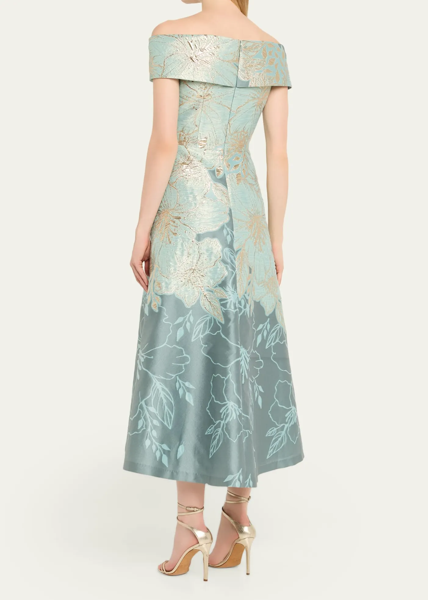 Rickie Freeman for Teri JonOff-Shoulder Metallic Jacquard Midi Dress