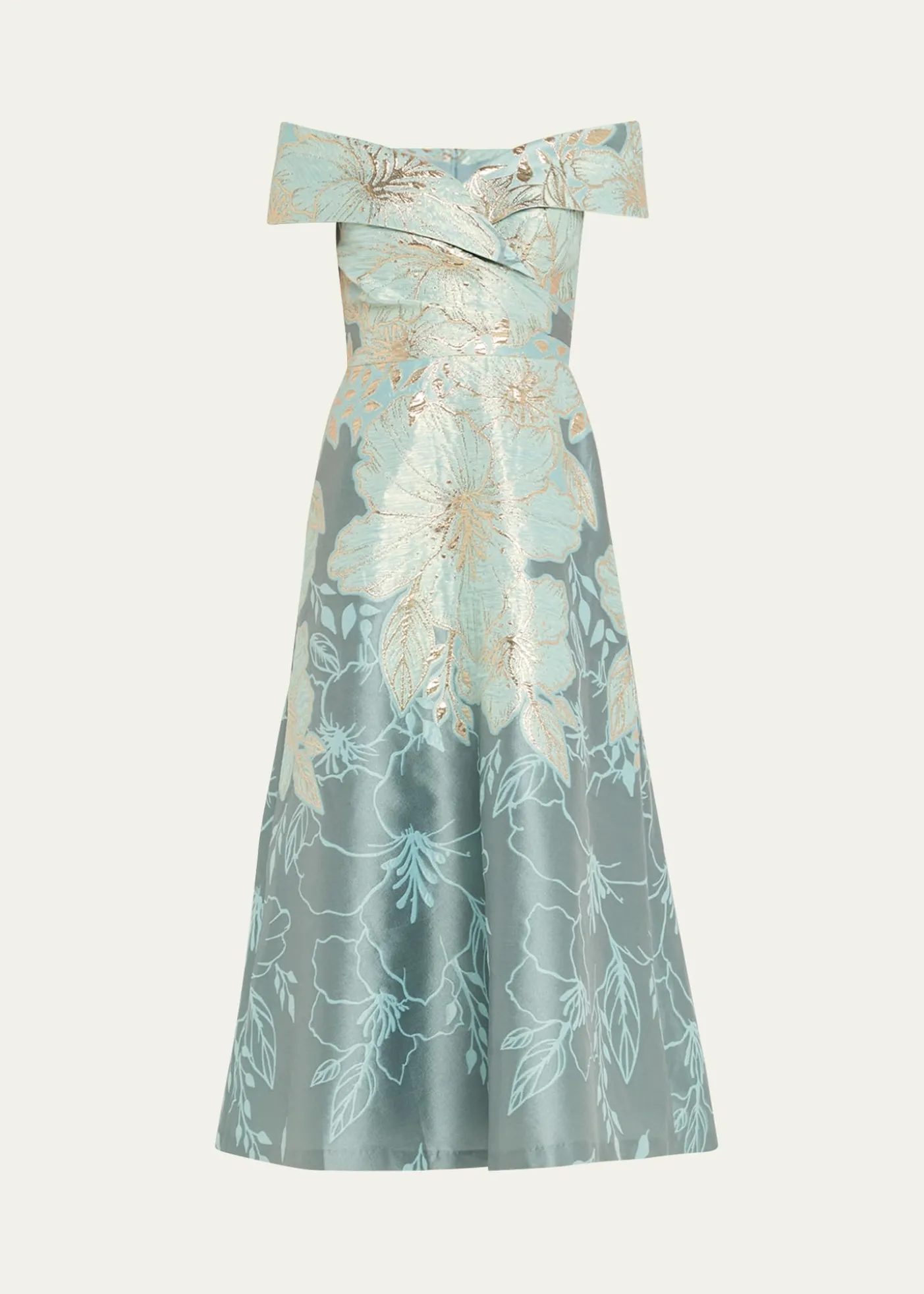 Rickie Freeman for Teri JonOff-Shoulder Metallic Jacquard Midi Dress
