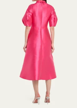 Rickie Freeman for Teri JonPuff-Sleeve Gazar Midi Shirtdress