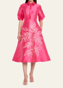 Rickie Freeman for Teri JonPuff-Sleeve Gazar Midi Shirtdress