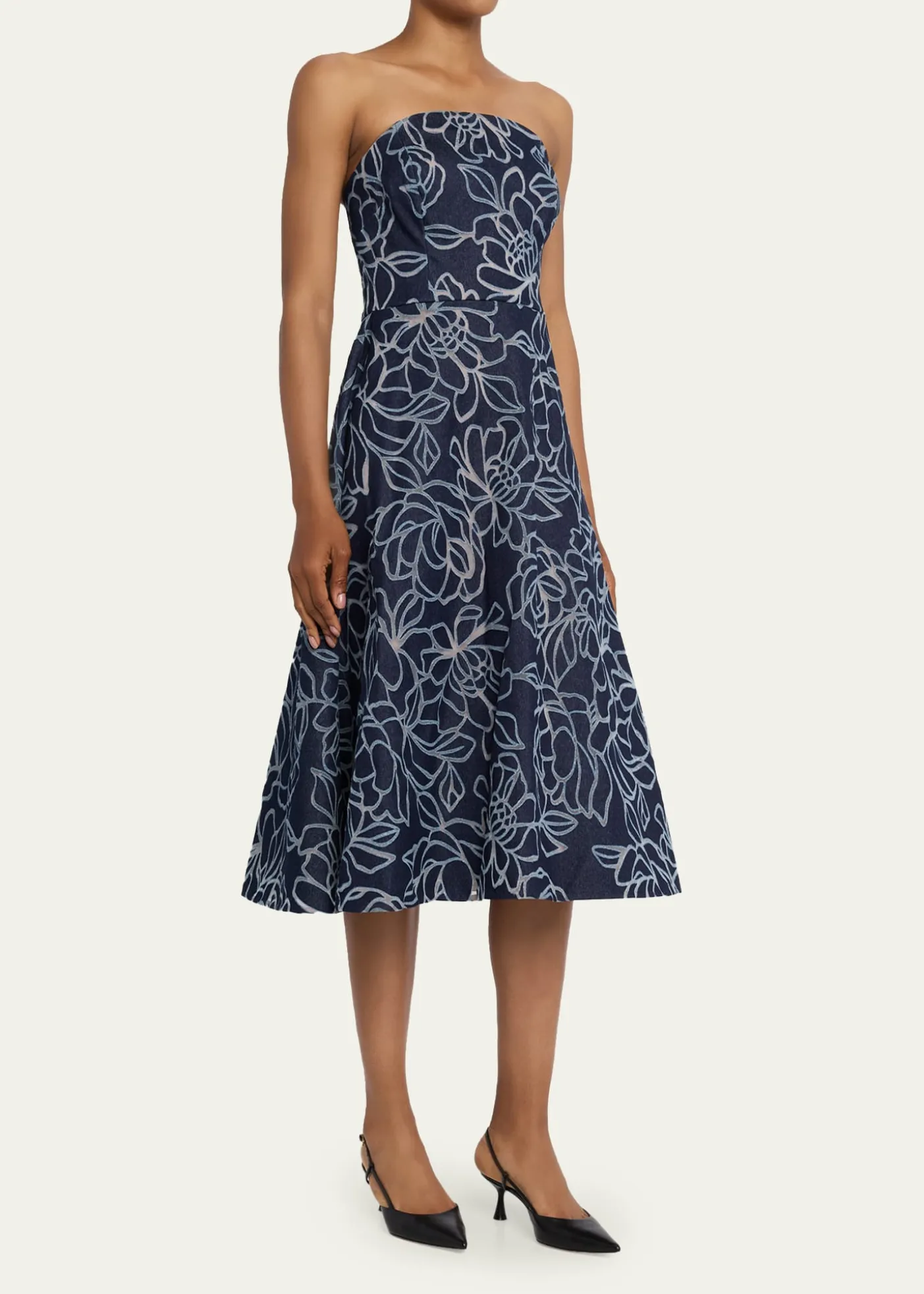 Rickie Freeman for Teri JonStrapless Floral Burnout Denim Midi Dress