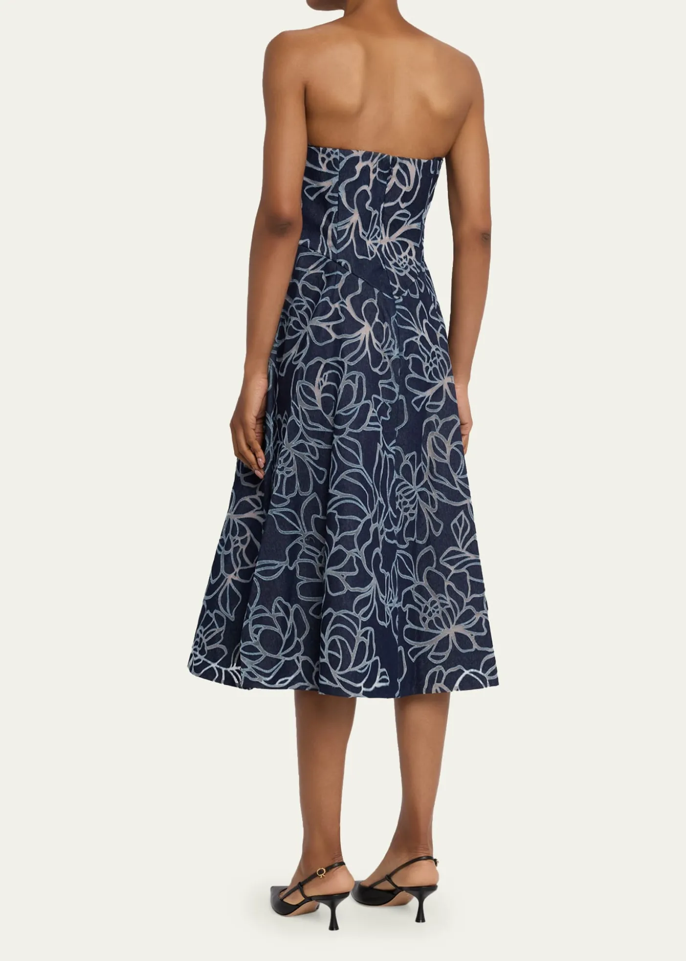 Rickie Freeman for Teri JonStrapless Floral Burnout Denim Midi Dress