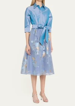 Rickie Freeman for Teri JonTaffeta & Floral Organza Midi Shirtdress
