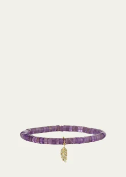 Sydney Evan14K Gold Diamond Tiny Pave Feather on Amethyst Heishi Bracelet