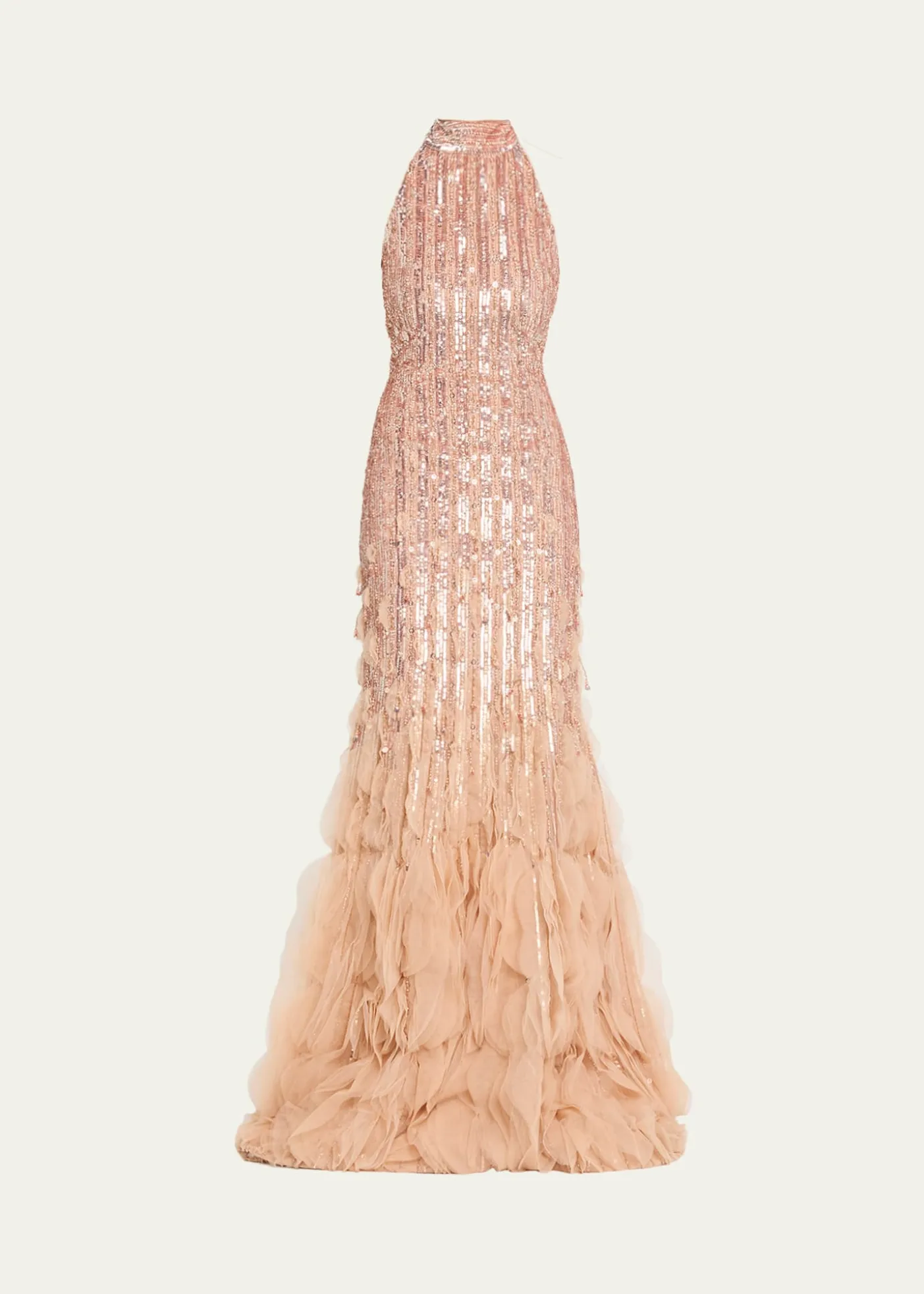 THIS ITEM IS NOT AVAILABLE.Pamella RolandDegrade Beaded Tulle Ruffle Halter Gown