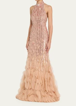 THIS ITEM IS NOT AVAILABLE.Pamella RolandDegrade Beaded Tulle Ruffle Halter Gown