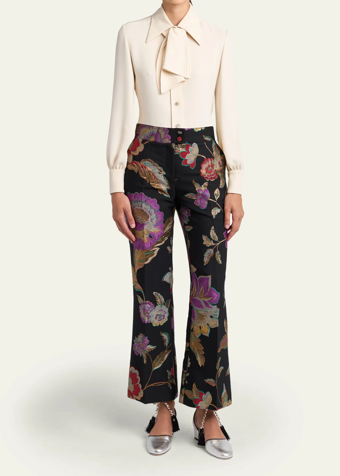 Valentino GaravaniMetallic Floral Jacquard Flare Ankle Pants
