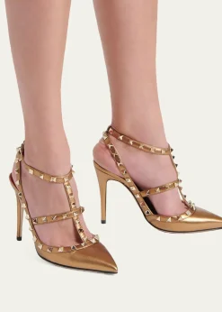 Valentino Garavani100mm Rockstud Metallic Leather Ankle-Strap Pumps