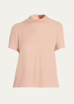 Valentino GaravaniMock-Neck Short-Sleeve Silk Top