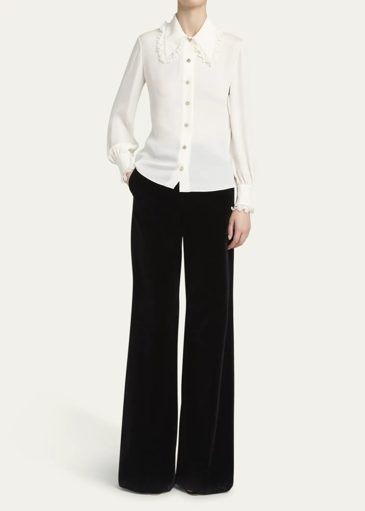 Valentino GaravaniRuffle-Trim Silk Button Blouse