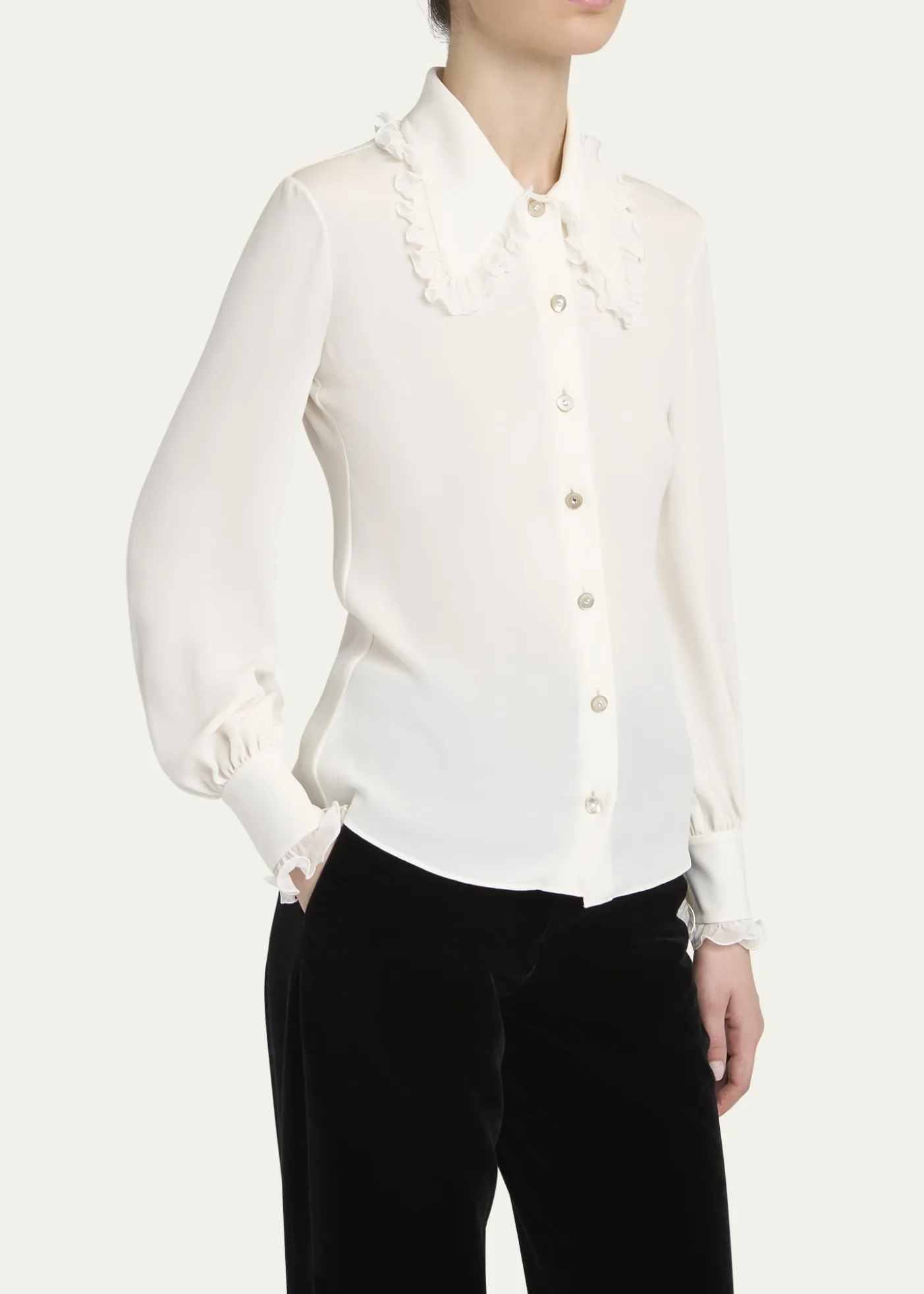 Valentino GaravaniRuffle-Trim Silk Button Blouse