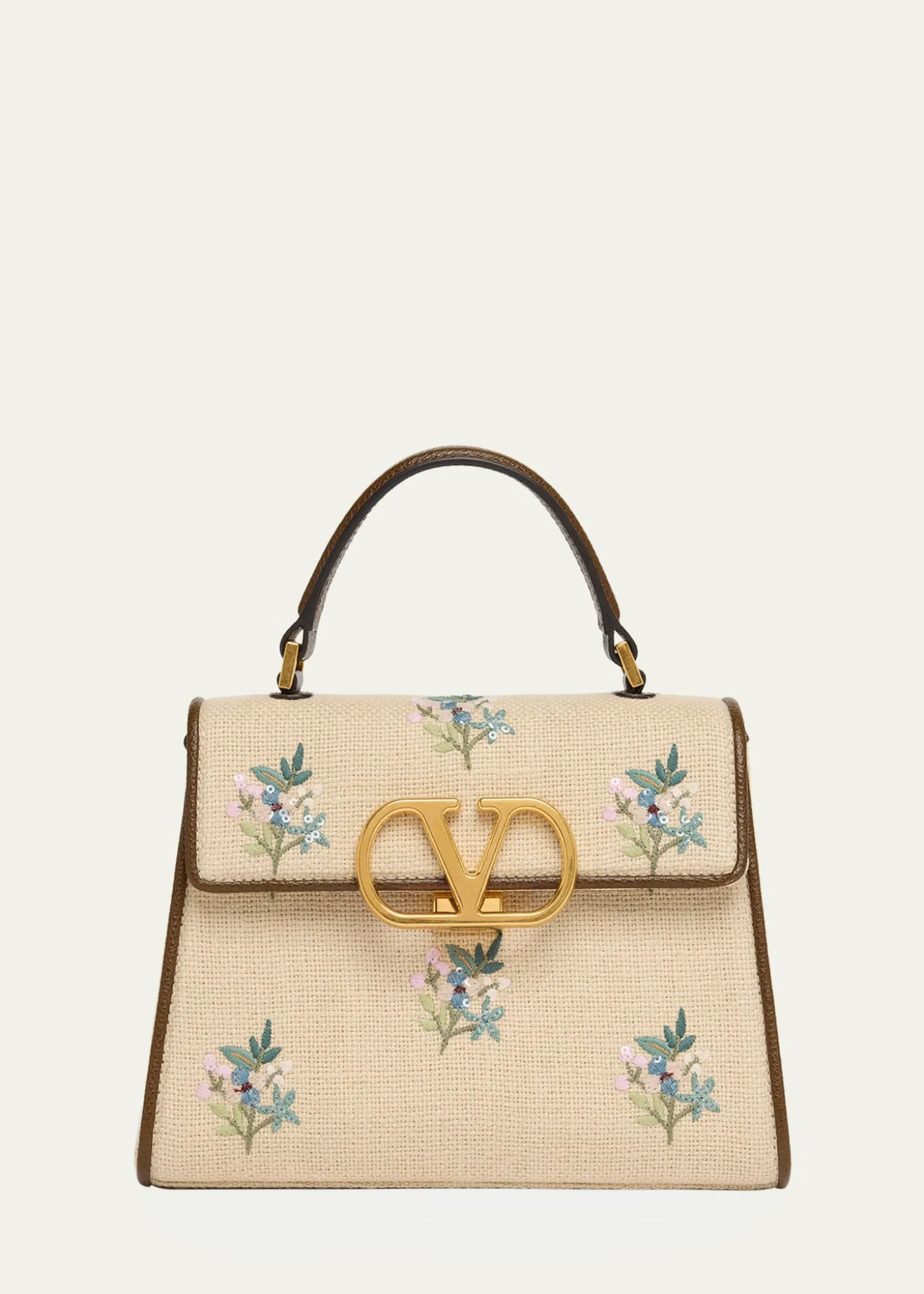 Valentino GaravaniSmall Floral-Embroidered Woven Flax Top-Handle Bag