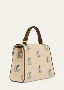 Valentino GaravaniSmall Floral-Embroidered Woven Flax Top-Handle Bag