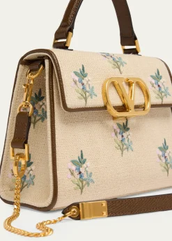 Valentino GaravaniSmall Floral-Embroidered Woven Flax Top-Handle Bag